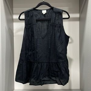 {A New Day}Sz L BlkSleeveless Top w/Ruffle Bottom Vneck& tie
